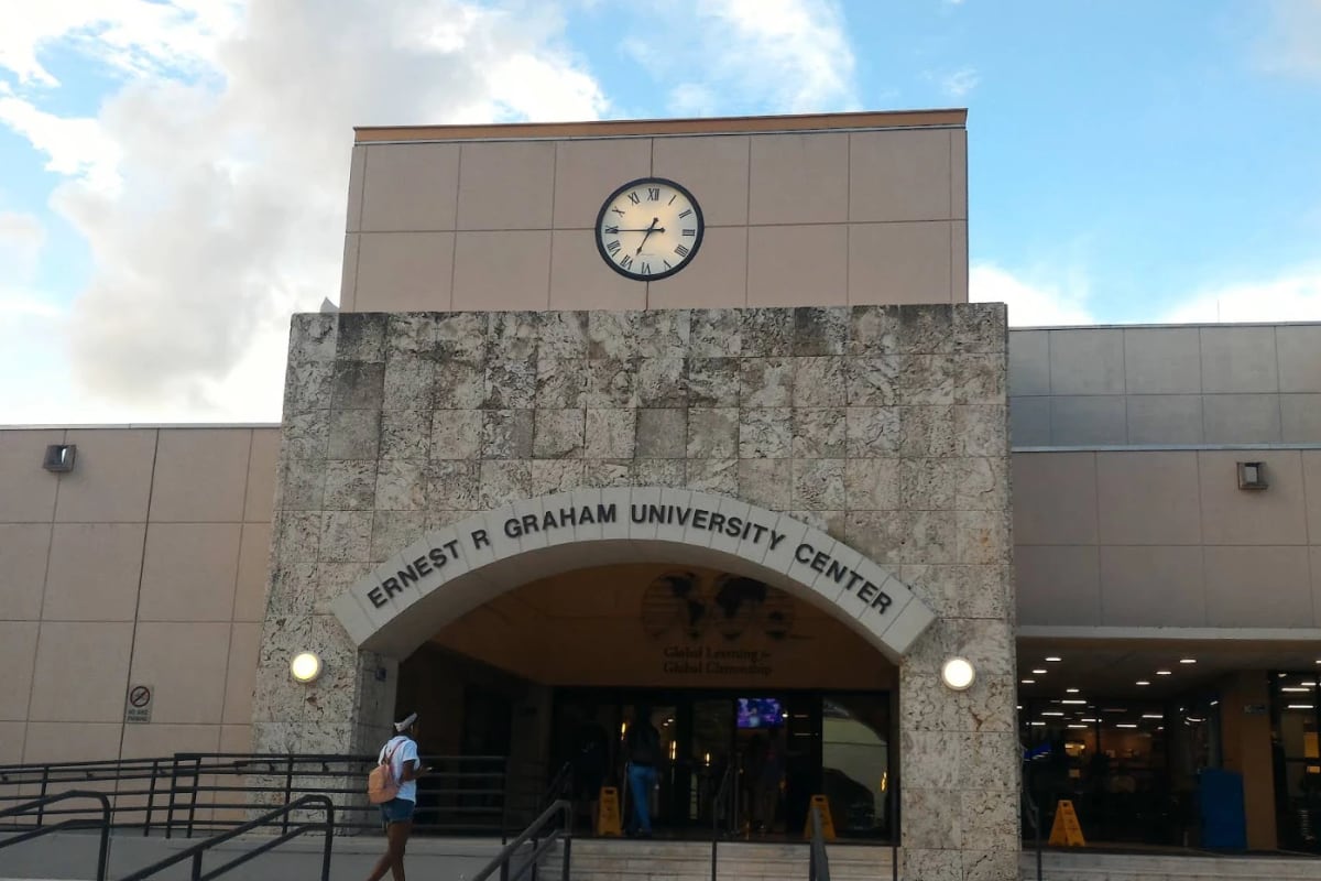 The Graham Center entrance at FIU, with the clock above the arch